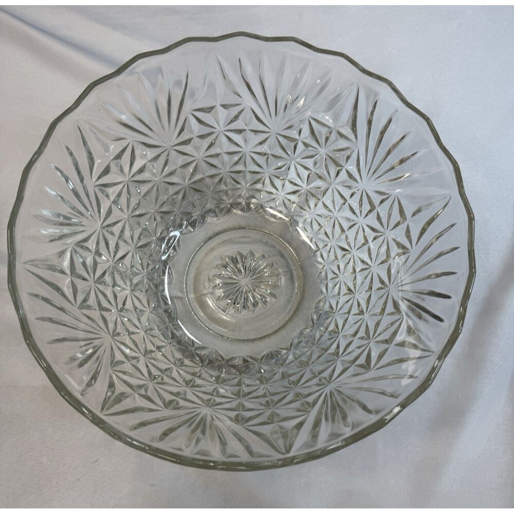 Vintage Pressed Glass Punch Bowl Starburst Diamond Cut Early American Prescut